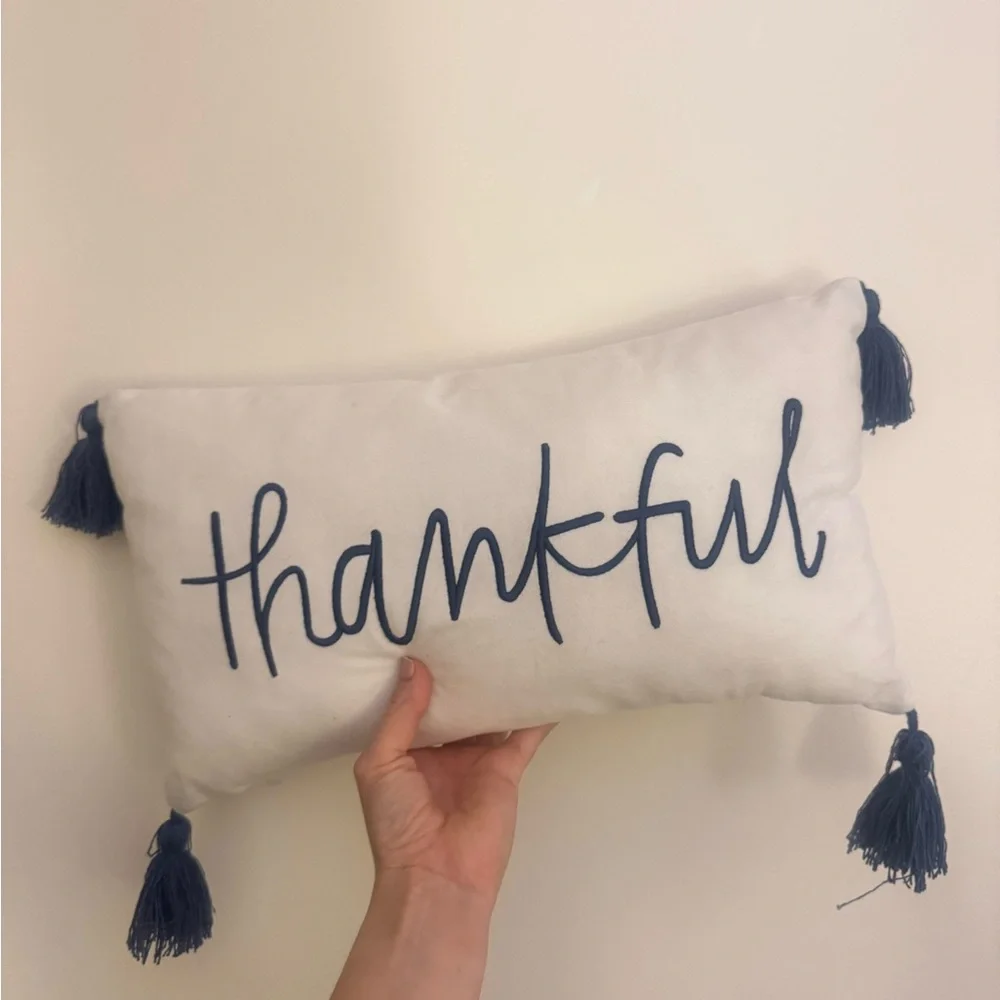 thankful white and blue tassel pillow